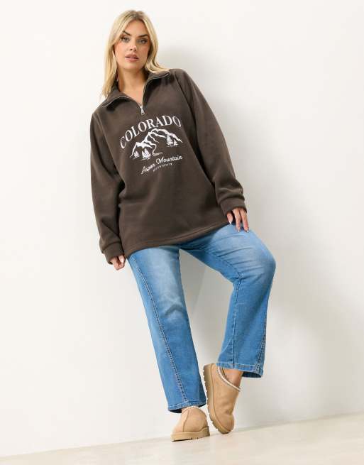 Yours Clothing Slogan quarter zip fleece in brown, 2 of 4