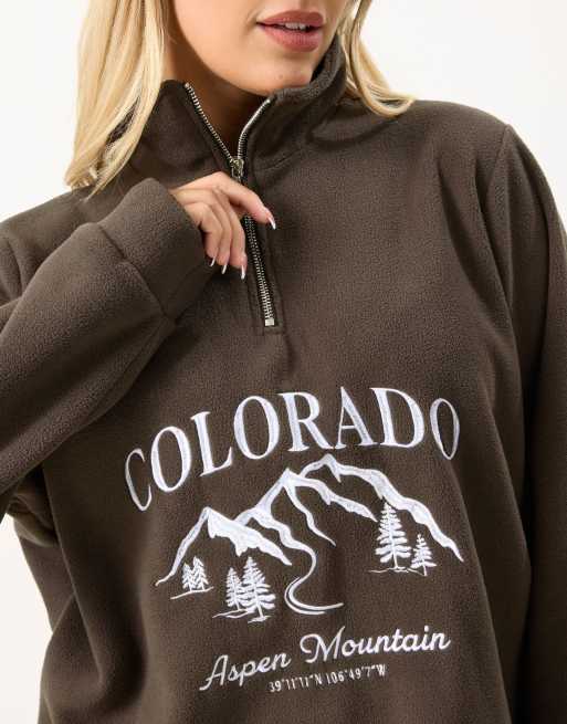 Yours Clothing Slogan quarter zip fleece in brown, 4 of 4