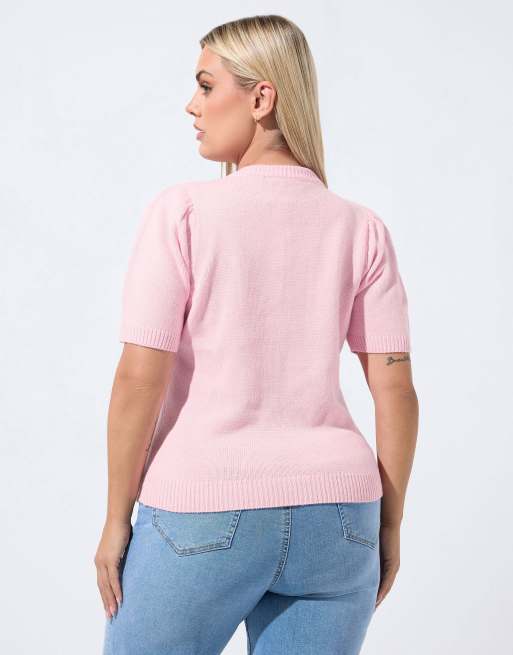 Yours Clothing Soft knitted top in pink, 3 of 4