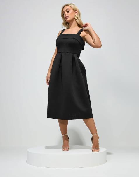 Yours Clothing Square neck midi skater dress in black