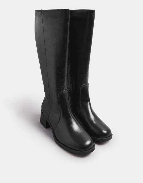 Yours Clothing Square toe knee high boots in extra wide eee fit in black - view 1