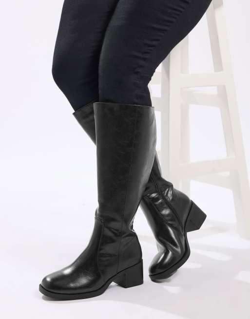Yours Clothing Square toe knee high boots in extra wide eee fit in black, 4 of 4