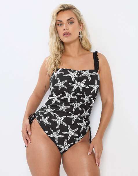 Yours Clothing Starfish print swimsuit in black - view 1