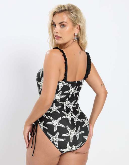 Yours Clothing Starfish print swimsuit in black, 4 of 4