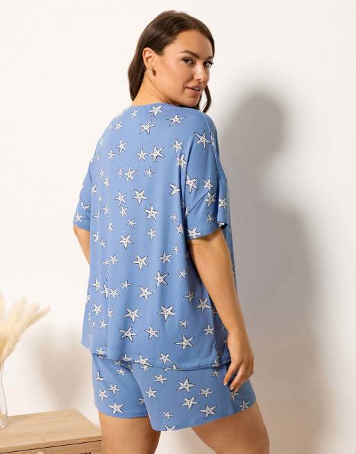 Yours Clothing Starfish soft touch pyjama set in blue, 2 of 4