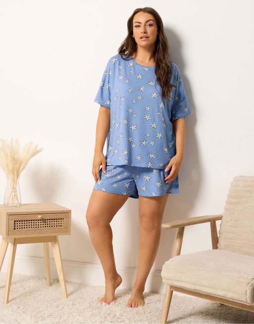 Yours Clothing Starfish soft touch pyjama set in blue, 3 of 4