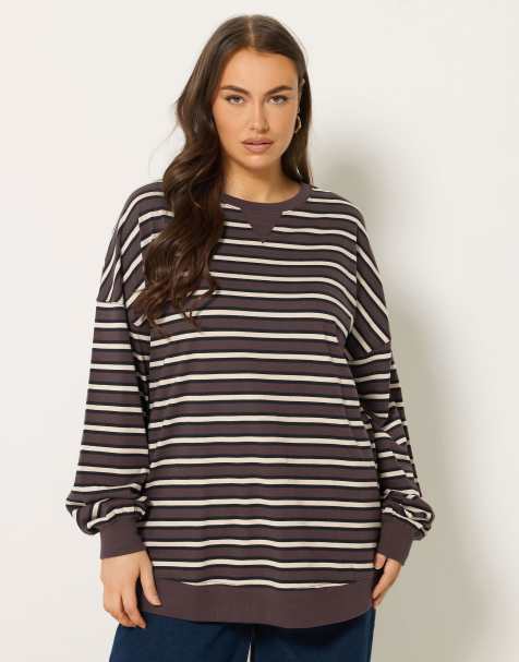 Yours Clothing Stripe balloon sleeve oversized top in brown - view 1
