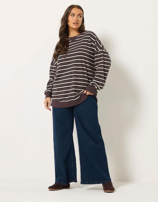 Yours Clothing Stripe balloon sleeve oversized top in brown, 4 of 4
