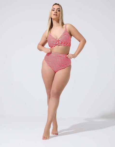 Yours Clothing Stripe bikini briefs in red - view 1