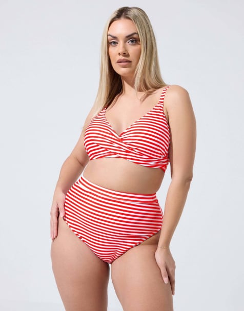 Yours Clothing Stripe bikini top and brief set - view 1