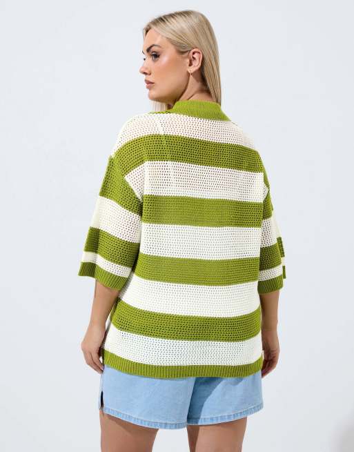 Yours Clothing Stripe boxy knitted shirt in green, 2 of 4