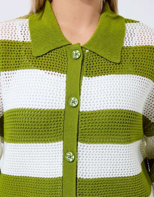 Yours Clothing Stripe boxy knitted shirt in green, 3 of 4