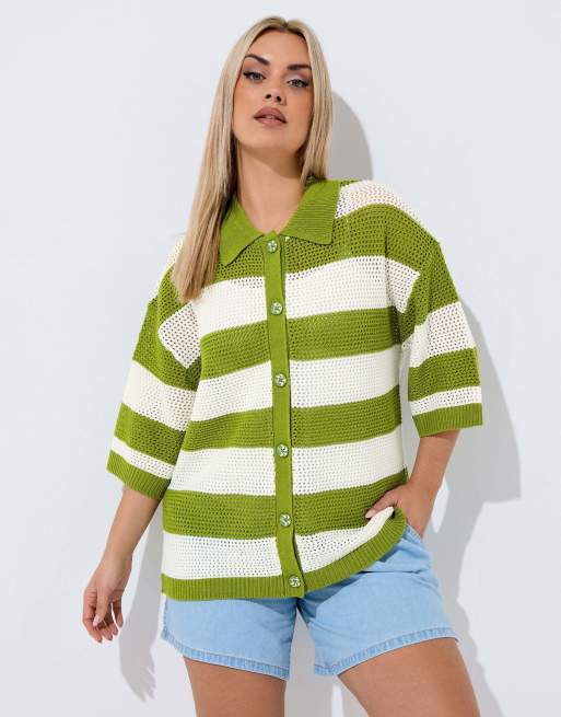 Yours Clothing Stripe boxy knitted shirt in green, 4 of 4
