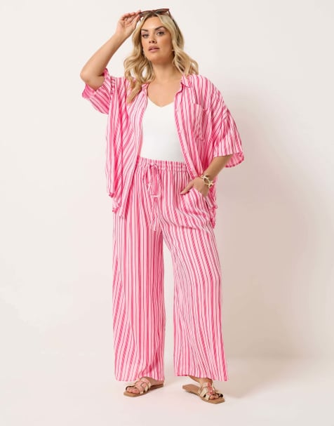 Yours Clothing Stripe crinkle shirt in pink - view 1