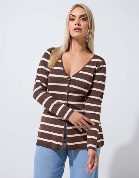 Yours Clothing Stripe flare hem cardigan in brown - view 1