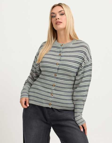 Yours Clothing Stripe flare hem cardigan in grey - view 1