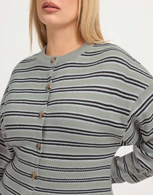 Yours Clothing Stripe flare hem cardigan in grey, 4 of 4