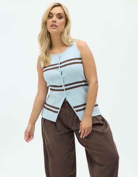 Yours Clothing Stripe flare hem waistcoat in blue - view 1