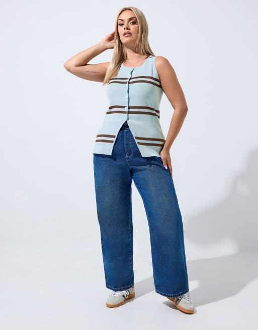 Yours Clothing Stripe flare hem waistcoat in blue, 2 of 4