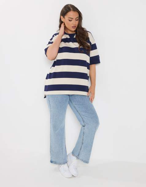 Yours Clothing Stripe heavyweight t-shirt in blue - view 1