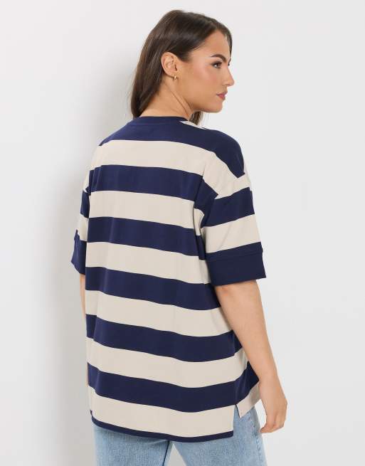 Yours Clothing Stripe heavyweight t-shirt in blue, 3 of 4