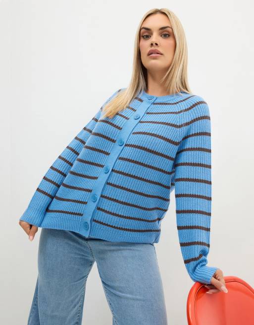 Yours Clothing Stripe knitted cardigan in blue, 2 of 6