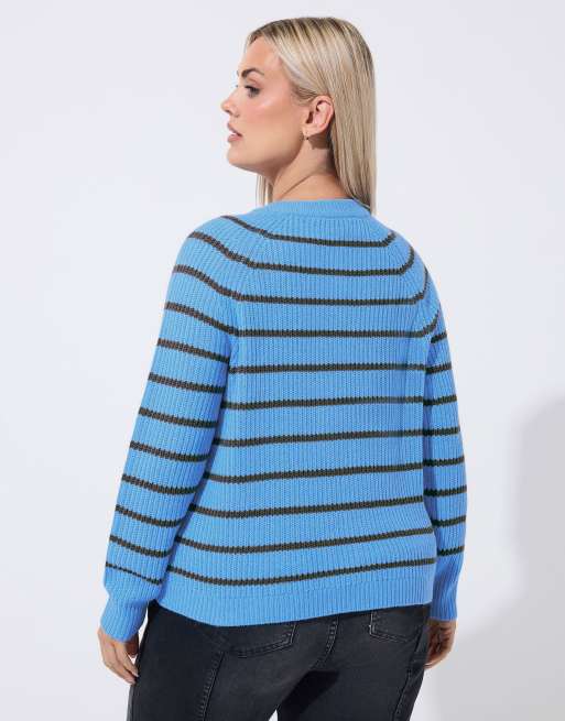 Yours Clothing Stripe knitted cardigan in blue, 5 of 6