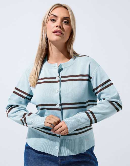 Yours Clothing Stripe knitted cardigan in blue, 2 of 4