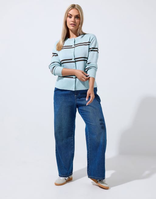 Yours Clothing Stripe knitted cardigan in blue, 3 of 4
