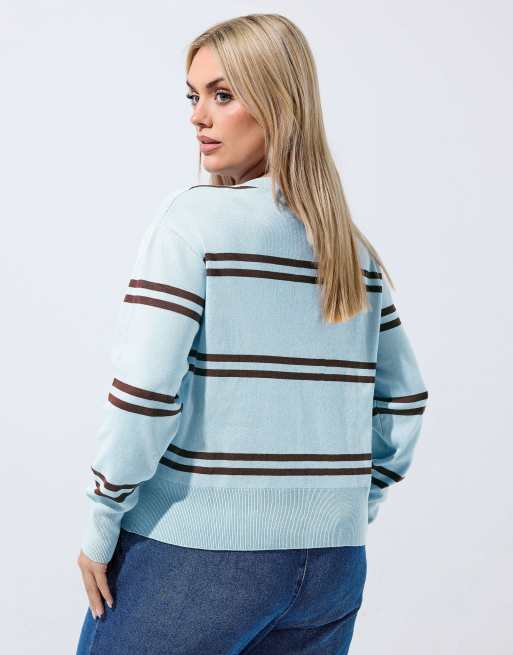 Yours Clothing Stripe knitted cardigan in blue, 4 of 4
