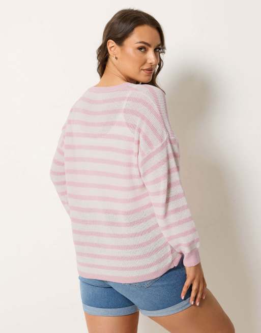 Yours Clothing Stripe knitted cardigan in pink, 3 of 3