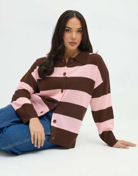 Yours Clothing Stripe knitted collared cardigan in brown - view 1