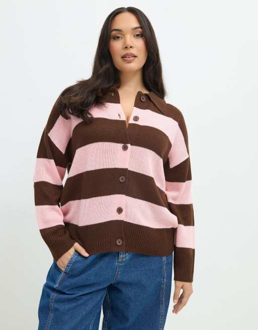 Yours Clothing Stripe knitted collared cardigan in brown, 2 of 4