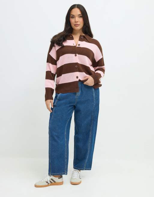 Yours Clothing Stripe knitted collared cardigan in brown, 3 of 4
