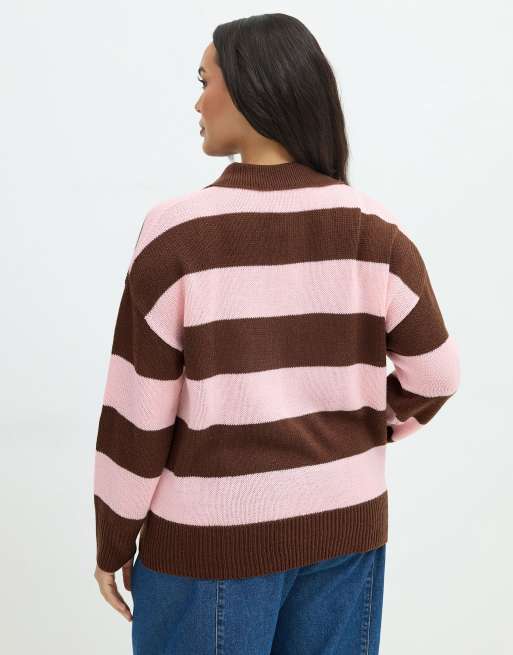 Yours Clothing Stripe knitted collared cardigan in brown, 4 of 4