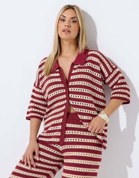 Yours Clothing Stripe knitted shirt in red - view 1
