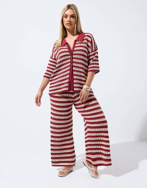 Yours Clothing Stripe knitted wide leg trousers and shirt - view 1