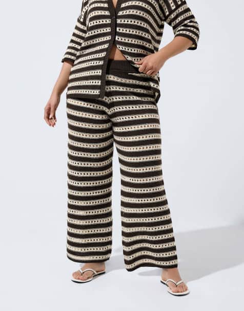 Yours Clothing Stripe knitted wide leg trousers in brown