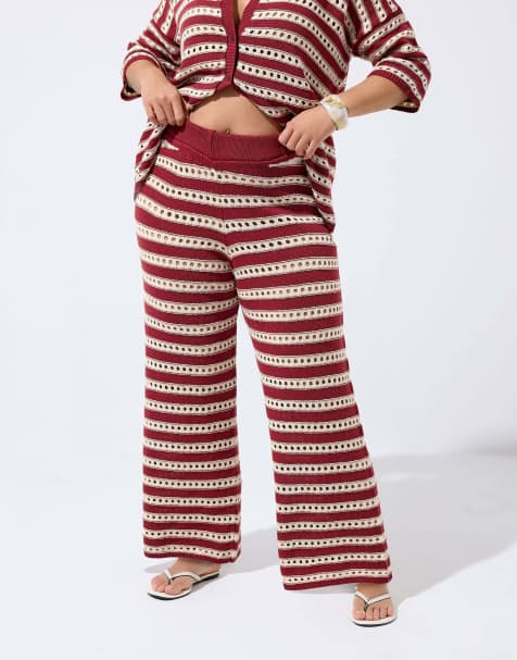 Yours Clothing Stripe knitted wide leg trousers in red