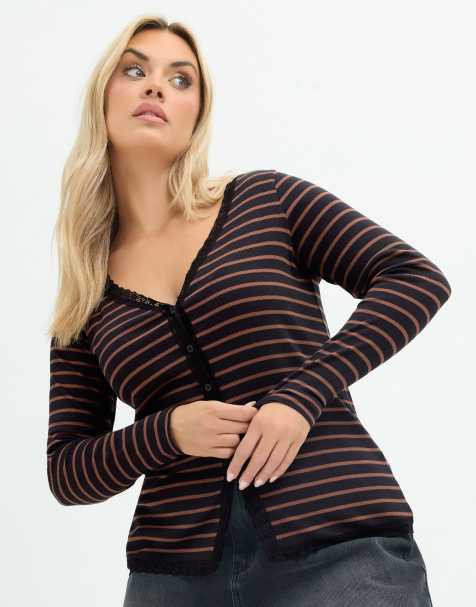 Yours Clothing Stripe lace trim top in brown - view 1