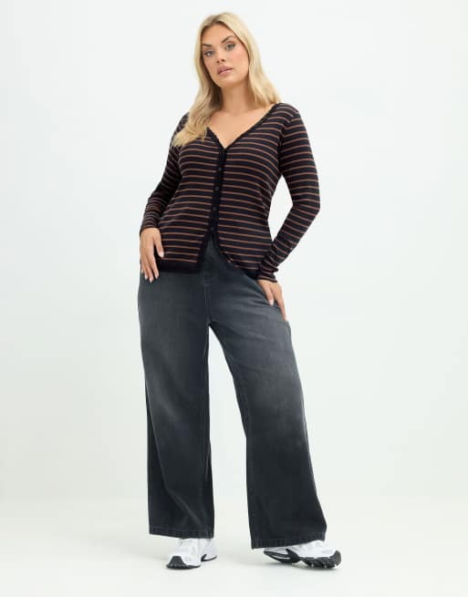 Yours Clothing Stripe lace trim top in brown, 2 of 4