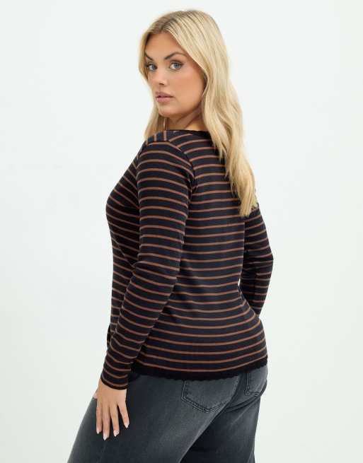 Yours Clothing Stripe lace trim top in brown, 3 of 4