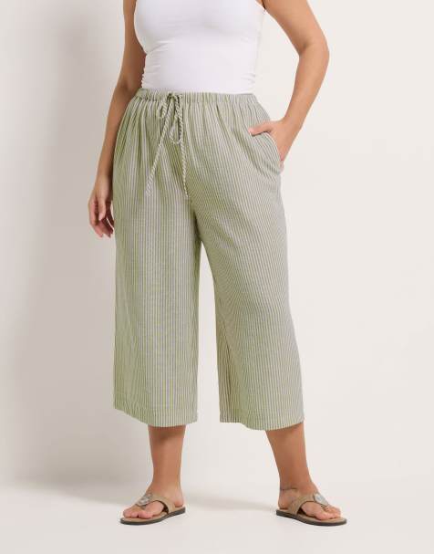 Yours Clothing Stripe linen look cropped trousers in natural - view 1