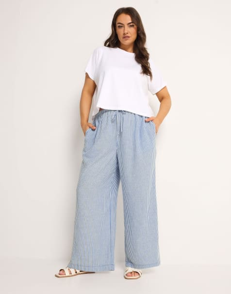Yours Clothing Stripe linen look trousers in blue - view 1