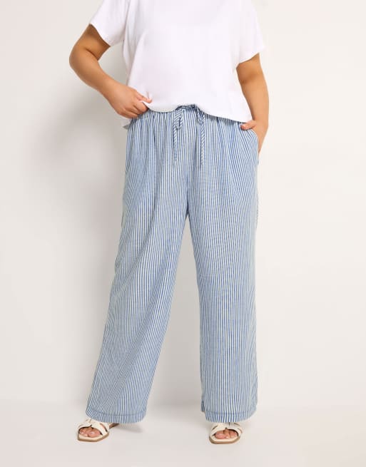 Yours Clothing Stripe linen look trousers in blue, 2 of 4