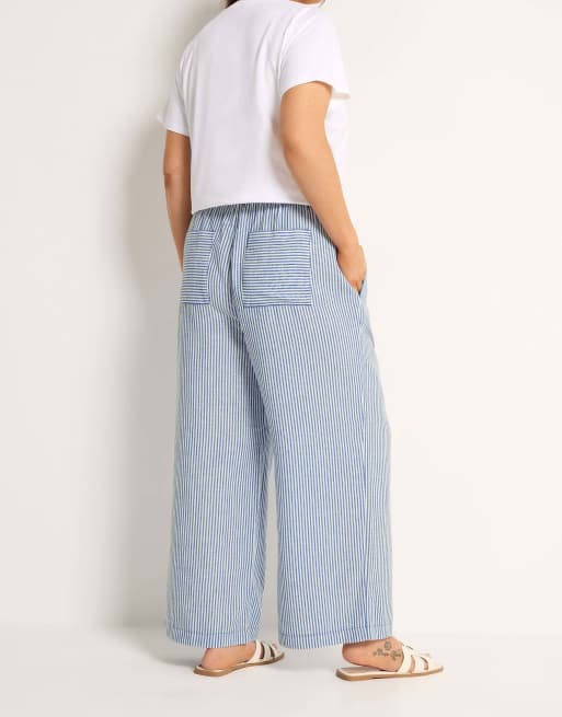 Yours Clothing Stripe linen look trousers in blue, 4 of 4