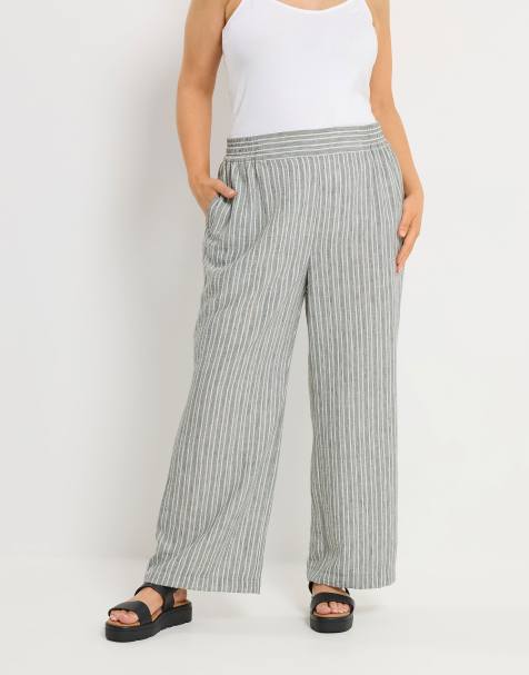 Yours Clothing Stripe linen look trousers in grey - view 1