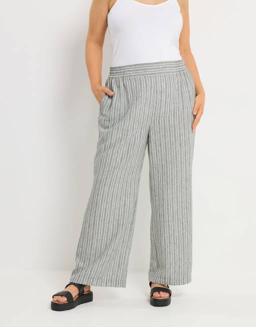 Yours Clothing Stripe linen look trousers in grey, 5 of 5