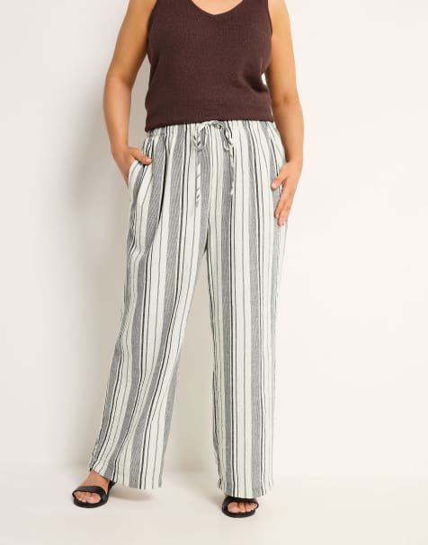 Yours Clothing Stripe linen look trousers in natural