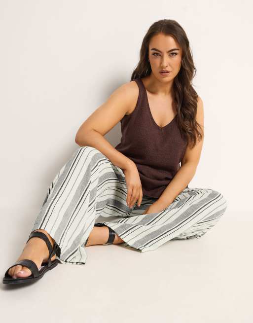Yours Clothing Stripe linen look trousers in natural, 3 of 4